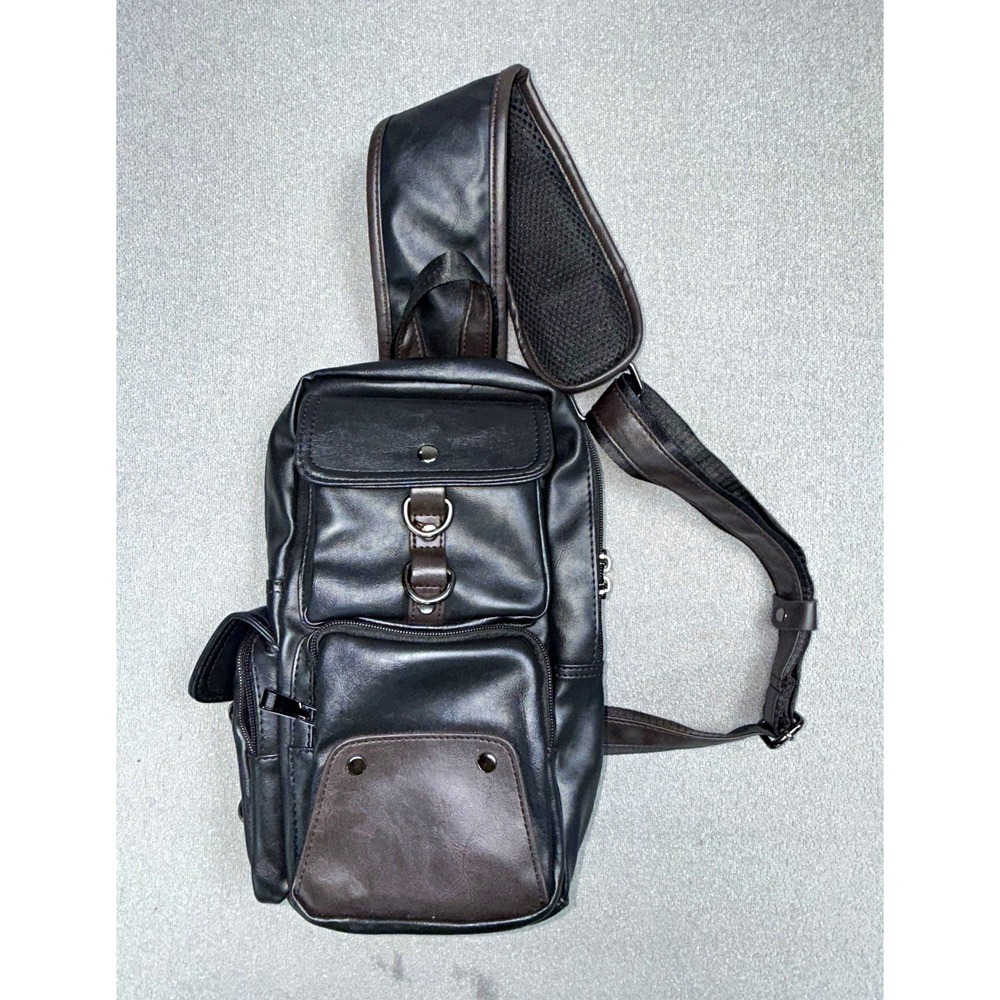 Mens Black Brown Faux Leather Sling Bag Crossbody Backpack Pockets Adjustable